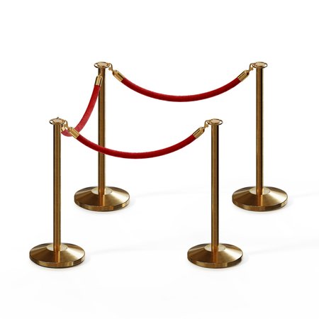 MONTOUR LINE Stanchion Post and Rope Kit Sat.Brass, 4 Flat Top 3 Red Rope C-Kit-4-SB-FL-3-PVR-RD-PB